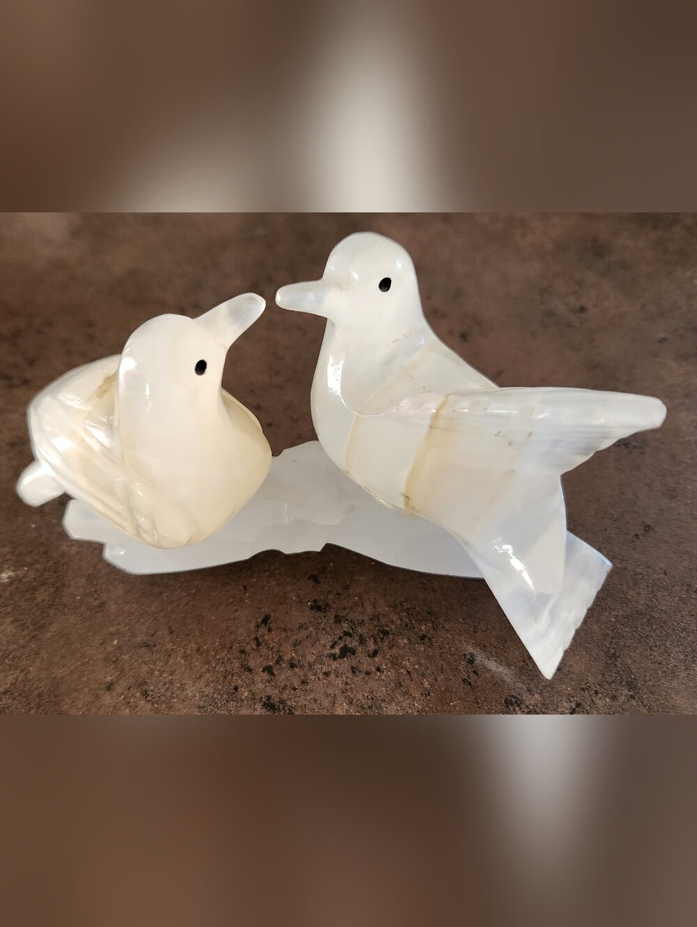 Vintage Hand Carved Onyx Stone Pair Love Birds Doves Figurine Perching Branch